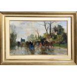 Oil painting on canvas depicting street with cars and people, nineteenth / twentieth century. Cm 39
