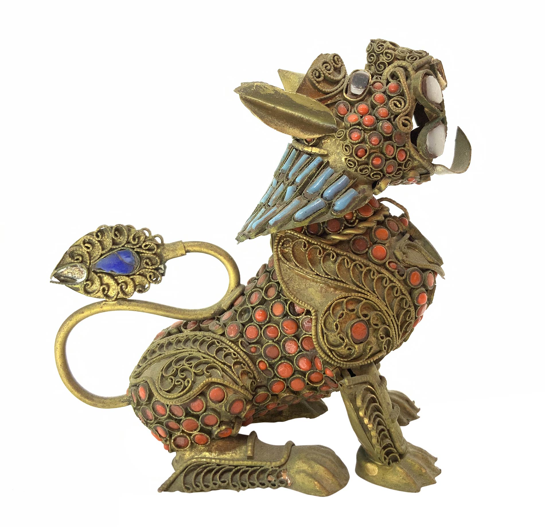 Pair of chinese brass Pho / Fo / Foo Dog with coral, turquoise and lapislazuli details, China, - Image 2 of 8