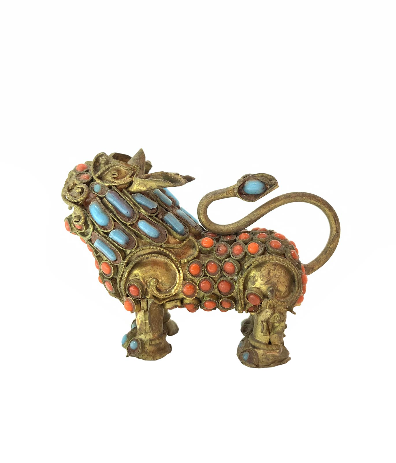 Pair of chinese brass Pho / Fo / Foo Dog with coral, turquoise and lapislazuli details, China, - Image 6 of 8