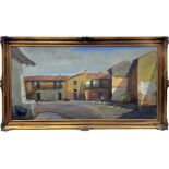 Oil painting on canvas depicting countryside houses, Roger Pagnin (Noventa). Cm 94x180 cm with