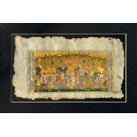 Refined Islamic miniature depicting Maharaja scene canopied elephant and vassals in tow, with