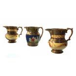 Lot of 3 glazed ceramic jugs and golden, XX century. H 15 cm, 9 cm mouth.