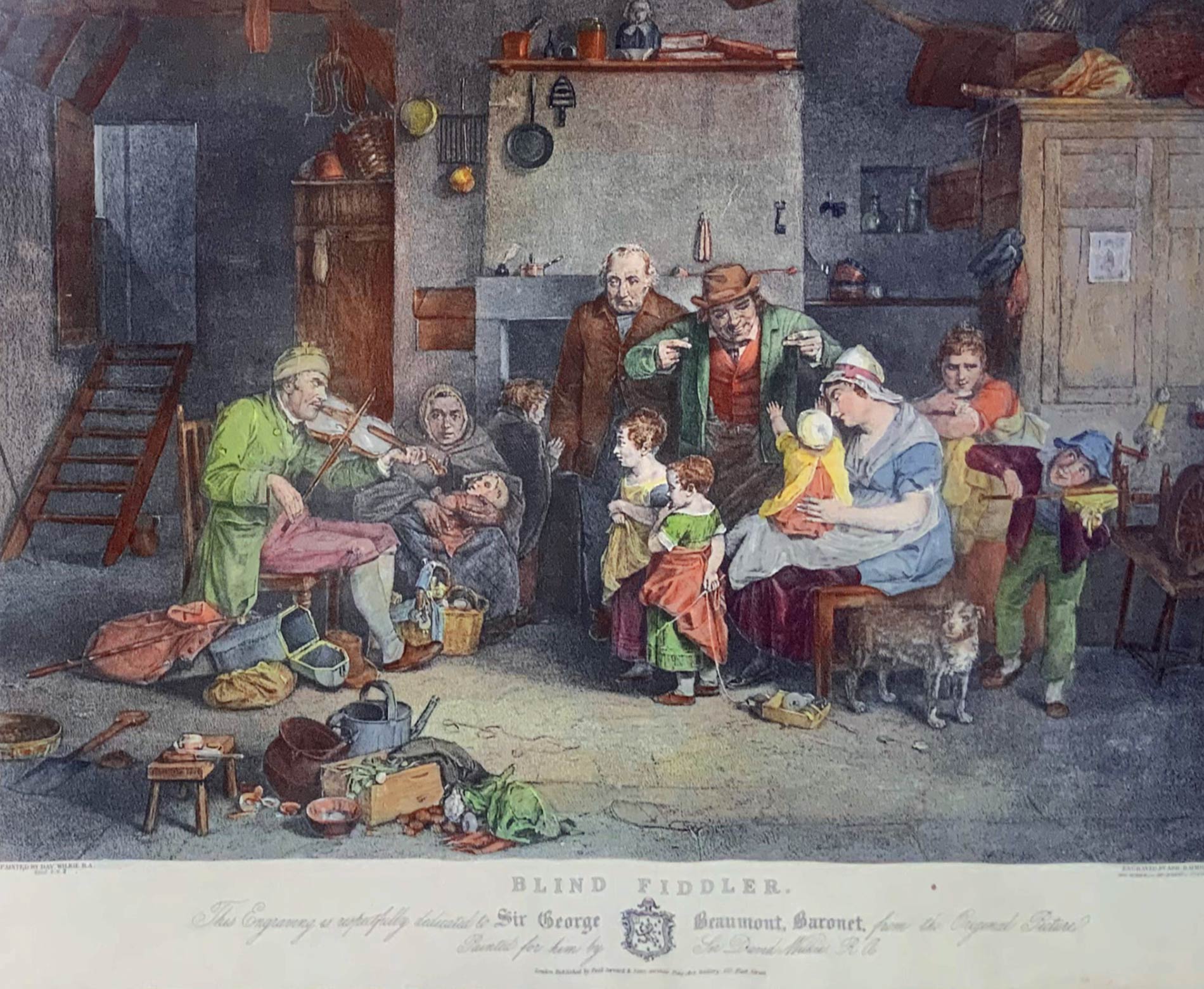 Print Blind Fiddler depicting indoor with family. Gilded wooden frame, Cm 78x97. - Image 2 of 2