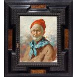 Oil painting on canvas depicting man with red cap S. Punzi. 30x25 cm, signed on the lower right