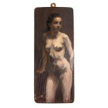 Oil painting on wood depicting nude of woman, 20th century. Cm 19x8.