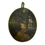 Oval oil painting on canvas depicting wooded landscape with character. Cm 34x27,5.