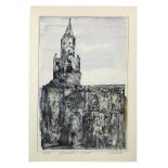 Hand watercolored etching of Santa Maria Assunta Cathedral in Rome Benanzio Tentarelli. Cm 49x34.