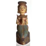 Bali Indonesian Origin. Statuette in colored wood. Woman in prayer. H Cm 26