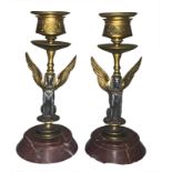 Pair of candle holders, Empire, XIX century. Bronze with sphinxes. H 16 cm, marble base.