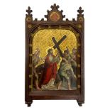 Oil painting on copper representing the "Via Crucis", biblical scene. Cm 27,5x19