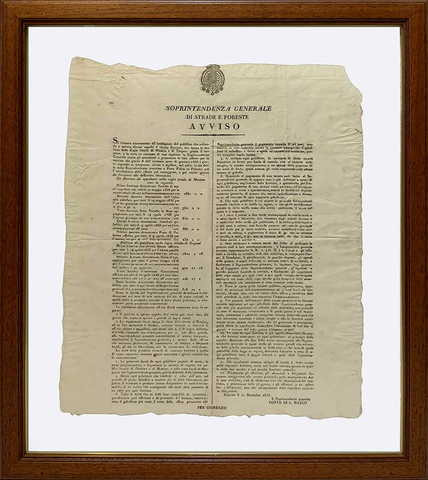 General Superintendent of the Decree of roads and forests, Notice. Palermo, 21 December 1835. Cm