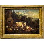 Oil painting on wood depicting oxen and goats, seventeenth century Flemish painter. Cm 24x31,5.