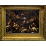 Oil painting on canvas depicting characters intent to sheep shearing. Bassano painter of the