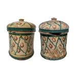 Pair of Majolica cylinders of Caltagirone, Sicily, XX century. Cm 18x16. flaws.