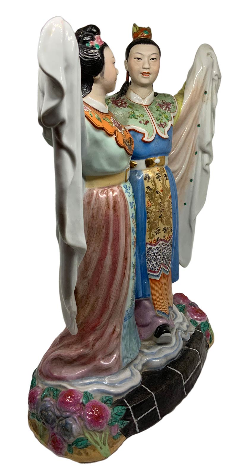 Chinese statue in white-body with polychrome decoration depicting two lovers dressed in traditional - Image 2 of 7