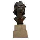 Bronze statue depicting blindfolded girl, base in marble. Total H 24 cm, 7 cm base.