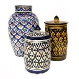 Group of three vases, Tunisia. Two jars with lid, H 15 cm and cm 20. Ceramic vase, 28 cm.