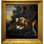 Painting of cattle and goats, the seventeenth-century Flemish painter. Oil on parchettata table. Cm