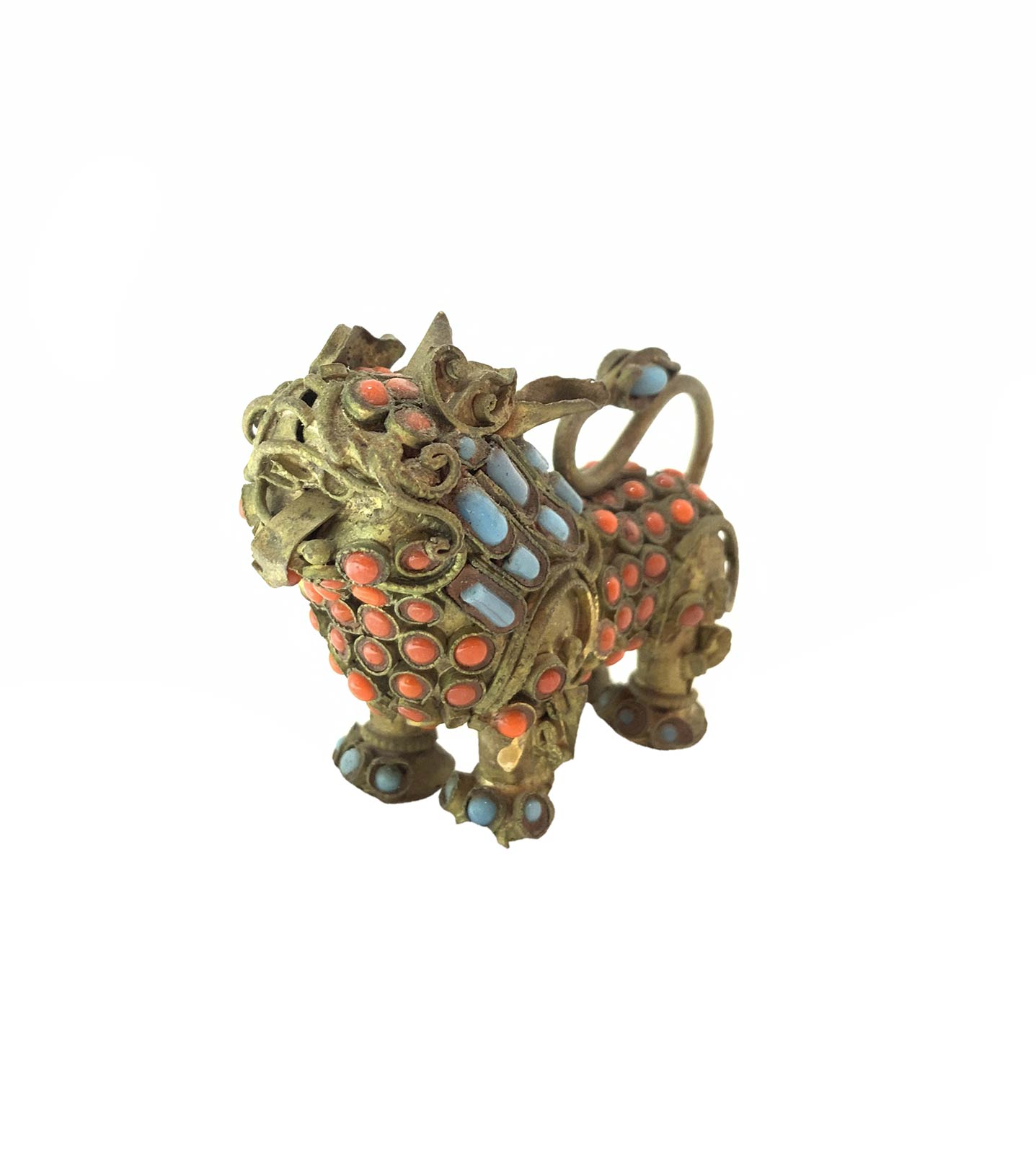 Pair of chinese brass Pho / Fo / Foo Dog with coral, turquoise and lapislazuli details, China, - Image 8 of 8