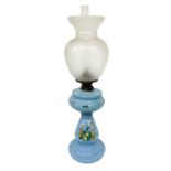 Glass oil lamp opal turquoise color with floral decor. Bowl frosted glass with angels decorations.