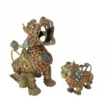 Pair of chinese brass Pho / Fo / Foo Dog with coral, turquoise and lapislazuli details, China,