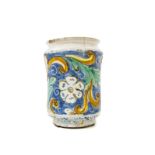 Cylinder majolica of Caltagirone, XVIII Century. Blue nail polish with decorations and yellow