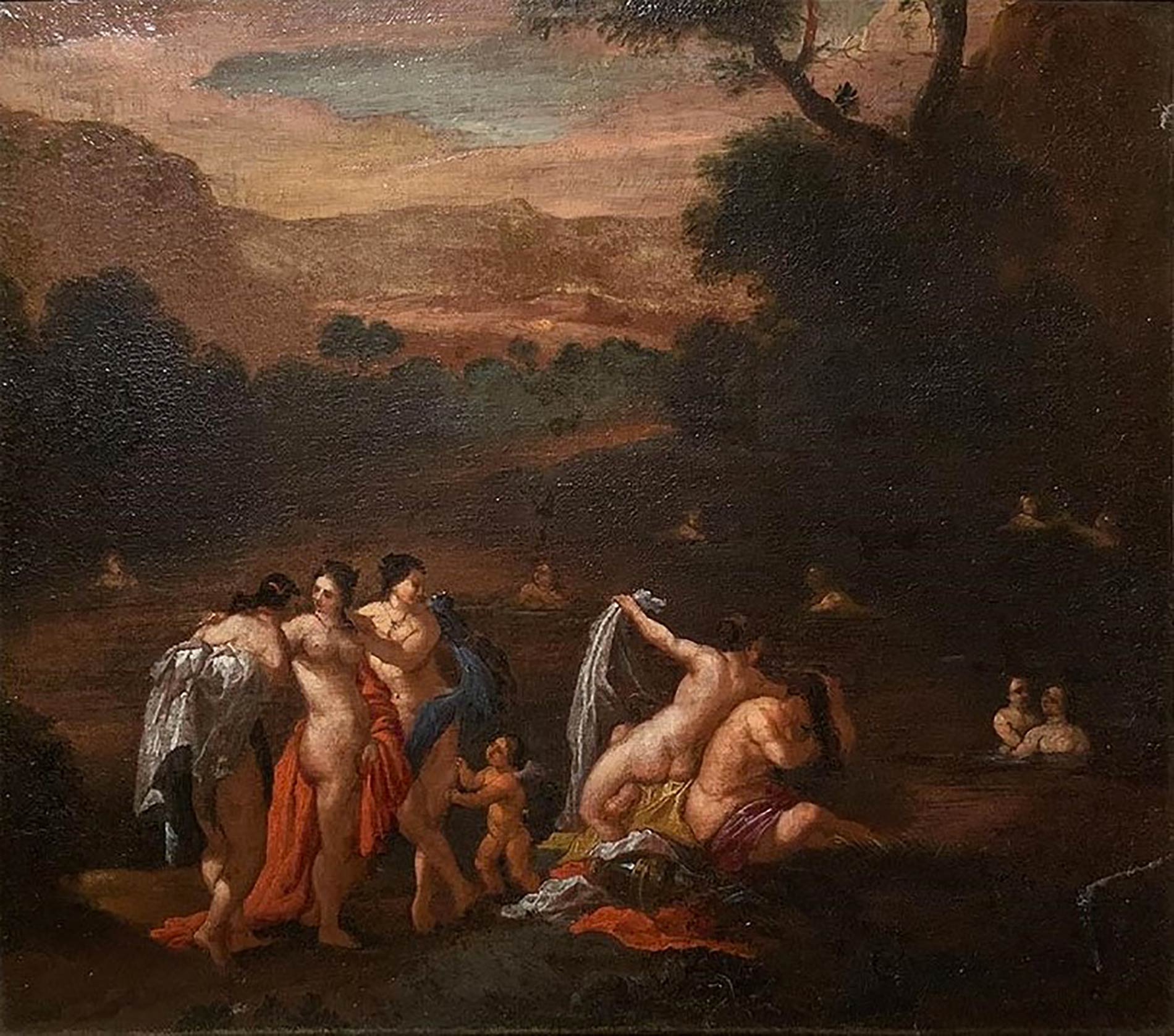 Lorenzo Pasinelli (circle) (Bologna 1629-1700). Diana and her nymphs bathing. 42x48, Oil paint on
