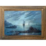 Oil painting on plywood depicting seascape, 20th century. Cm 60x90, Deformed.