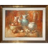 Oil painting on canvas depicting still life with fruit jars. Cm 50x70. Signed on theupper left