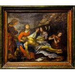 Oil painting on canvas depicting the Lamentation of Christ with the three Marys and St. John, the