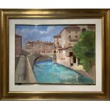 Oil painting on canvas depicting river landscape and Roman gate bridge 1920s, Gianni Paglietti. Cm