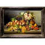 Oil painting on canvas depicting still life of fruit and flowers, early twentieth century, France.