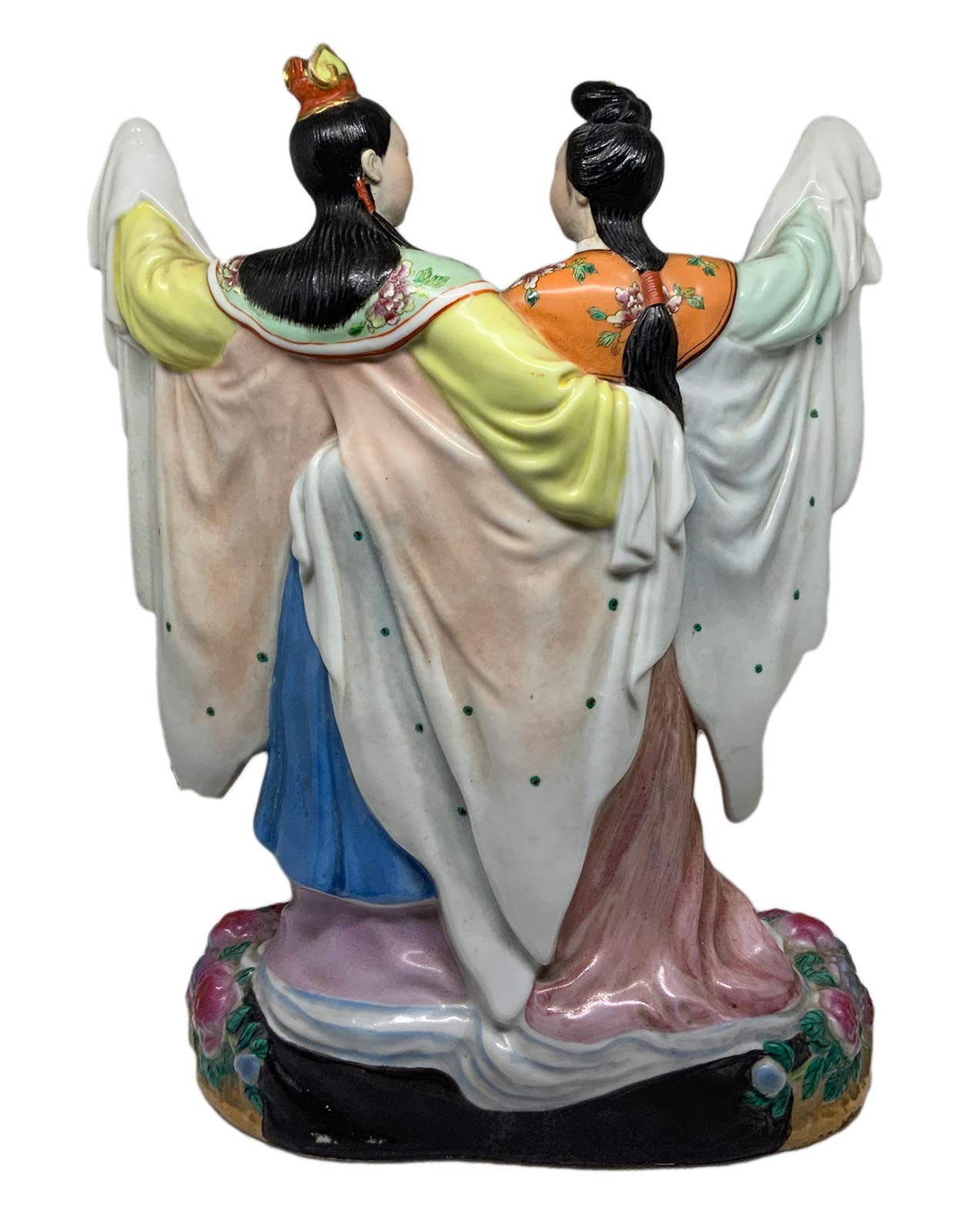 Chinese statue in white-body with polychrome decoration depicting two lovers dressed in traditional - Image 4 of 7