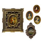 Lot of five oval miniatures. Characters 7 cm, 7 cm landscape, still life of flowers 9 cm.
