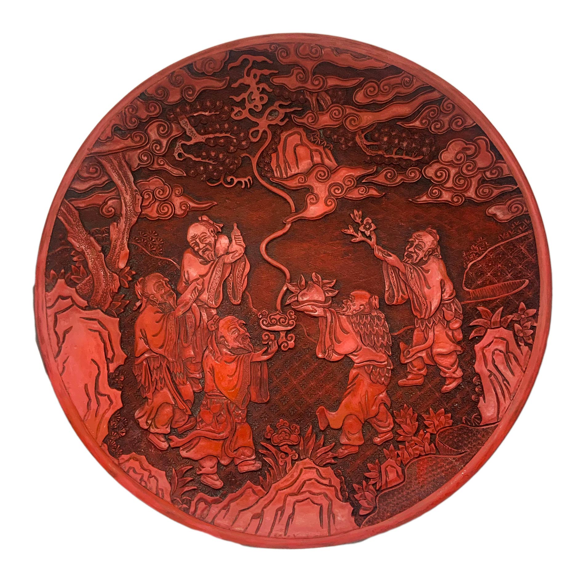 Chinese cinnabar lacquer plate decorated in relief with a scene of Tao in the act of the donation