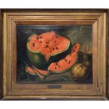 Oil painting on canvas depicting still life of watermelon and pears, allegedly by Luis Egidio