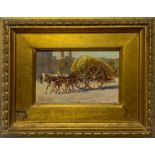 Painting depicting donkeys and wagon by Elvira Del Giudice. Cm 10x14, Oil paint on canvas. signed