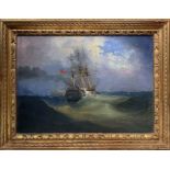 Oil painting on canvas depicting sailing ship with three masts, late eighteenth century. H 57x78 cm