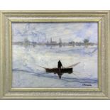 Oil painting on marble slab depicting Azul Macaubas boat with the fisherman. 30,5x38,5 cm. Signed