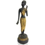 Origin Thai. Ancient statue in metal with gold plating in the suit. Beautiful woman with flower