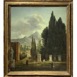 Oil painting on canvas depicting landscape with trees, characters and architecture, XVIII- XIX