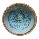 Plate for cous cous Gabes, Tunisia. Decorated with fish in shades of blue. 40 Cm