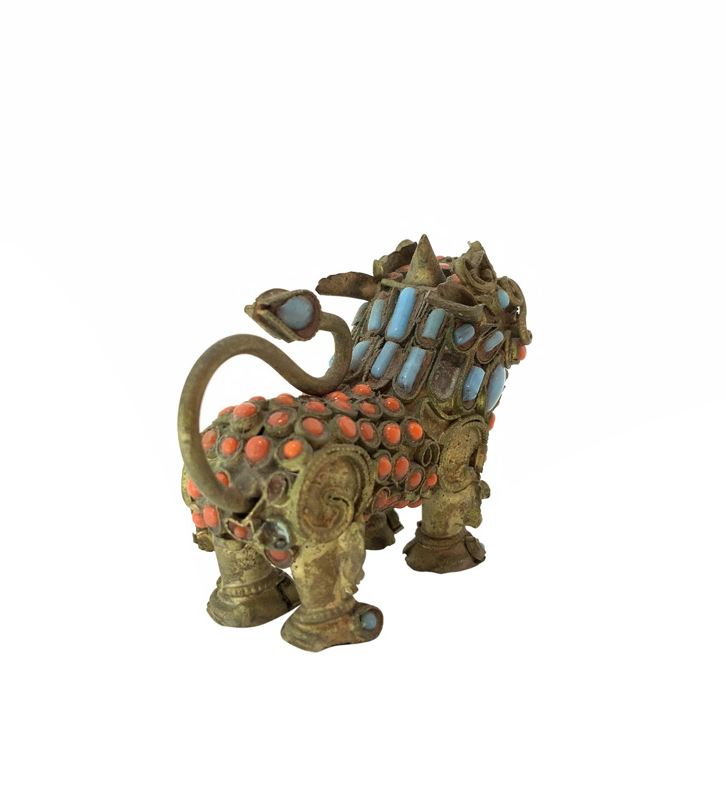 Pair of chinese brass Pho / Fo / Foo Dog with coral, turquoise and lapislazuli details, China, - Image 7 of 8