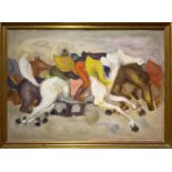 Oil painting on canvas depicting horses with jockeys galloping, Salvatore Arico (Centuripe 1912 ).