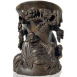 Brush holder rosewood with rich embossed decoration and a relief with Buddha figure with child