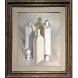 Oil painting on canvas depicting still life "Bottles, vertical composition." 40x50 cm, Signed lower
