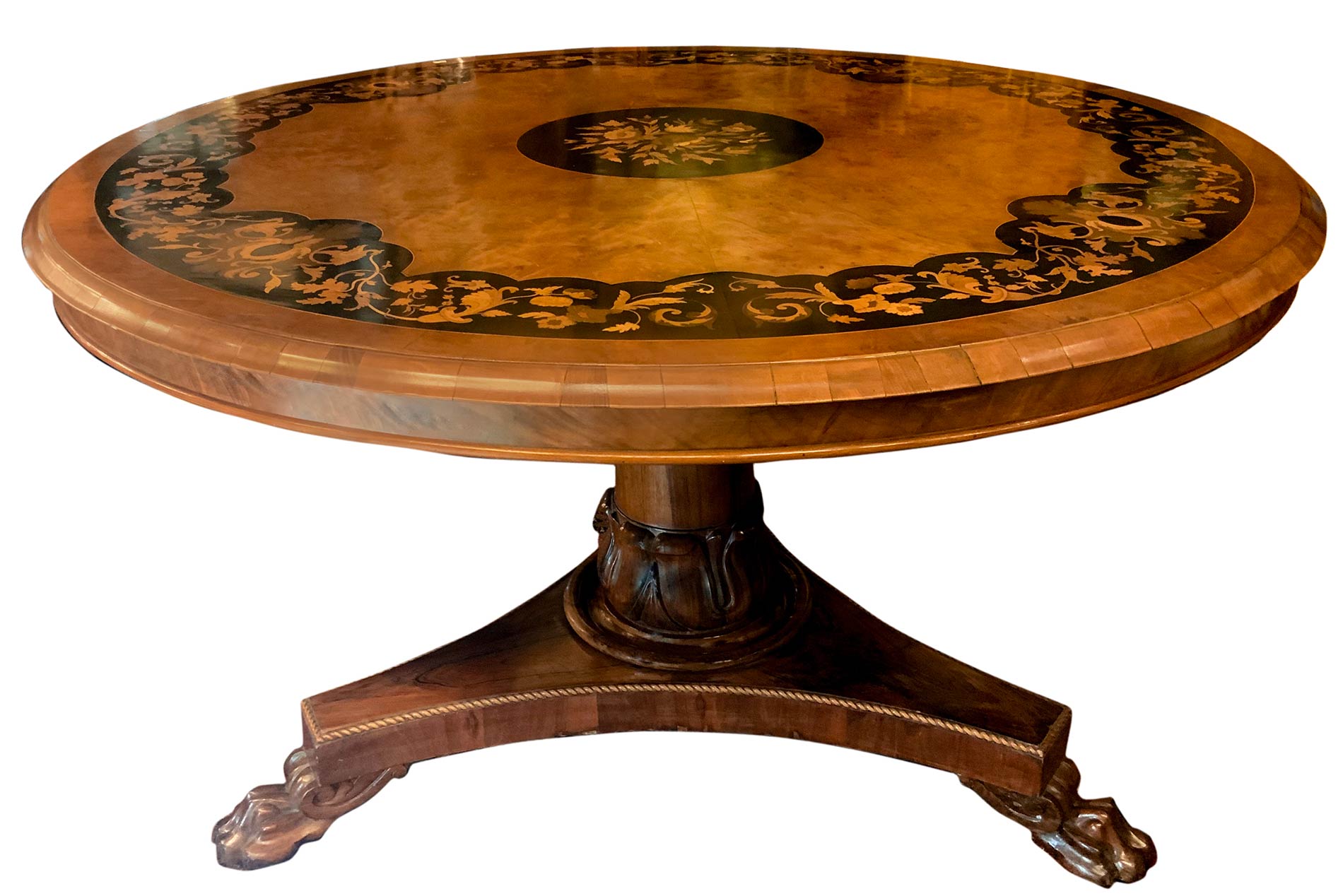 Round table inlaid on the floor with light woods. H 75 cm diameter cm 132. Central Foot lion. - Image 2 of 6