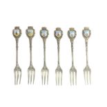Six 800 silver forks with enamels depicting the symbols of the city of Catania. H 11 cm.