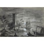 Gouache on paper depicting night "marina" with castle and boats (S.Giovanni Licuti, Ognina,