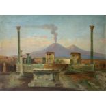 Oil paint on canvas depicting Vesuvius and Roman ruins, Twentieth century. Signed in the lower